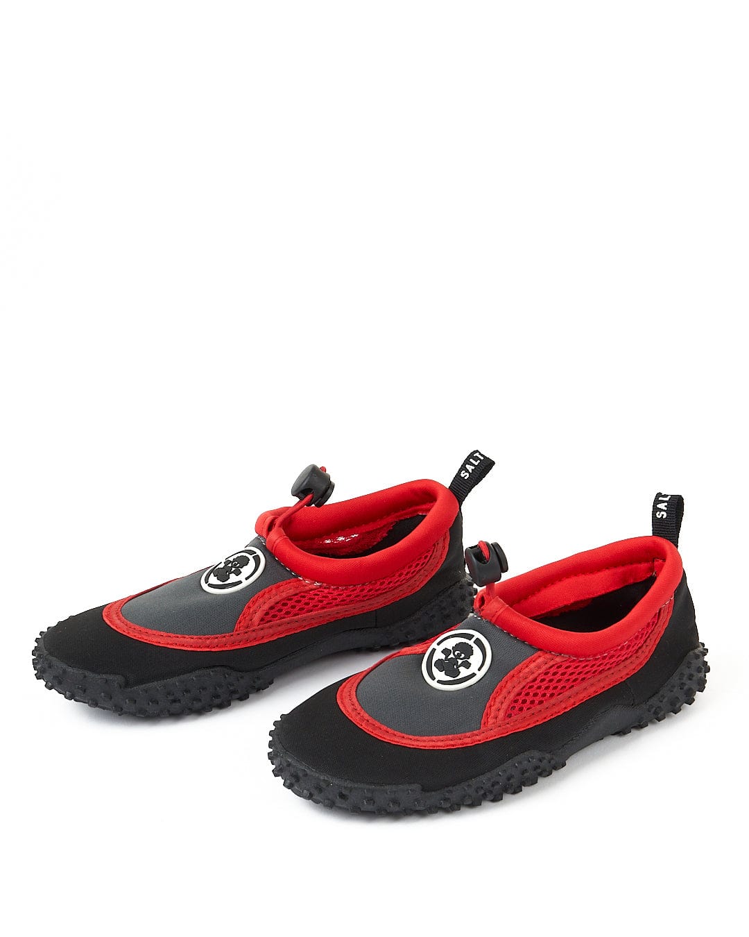 A pair of black and red Saltrock neoprene water shoes, called Tok - Kids Aqua Shoes - Red.