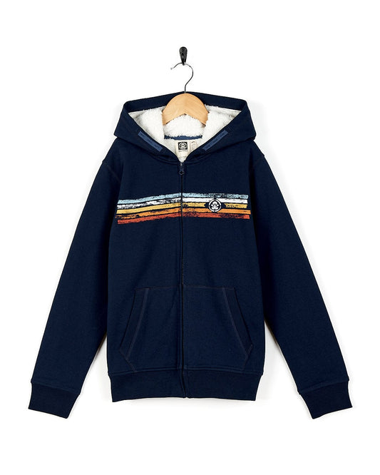 A boy's Tok Stripe - Kids Borg Lined Zip Hoodie - Blue by Saltrock with a rainbow stripe on it.