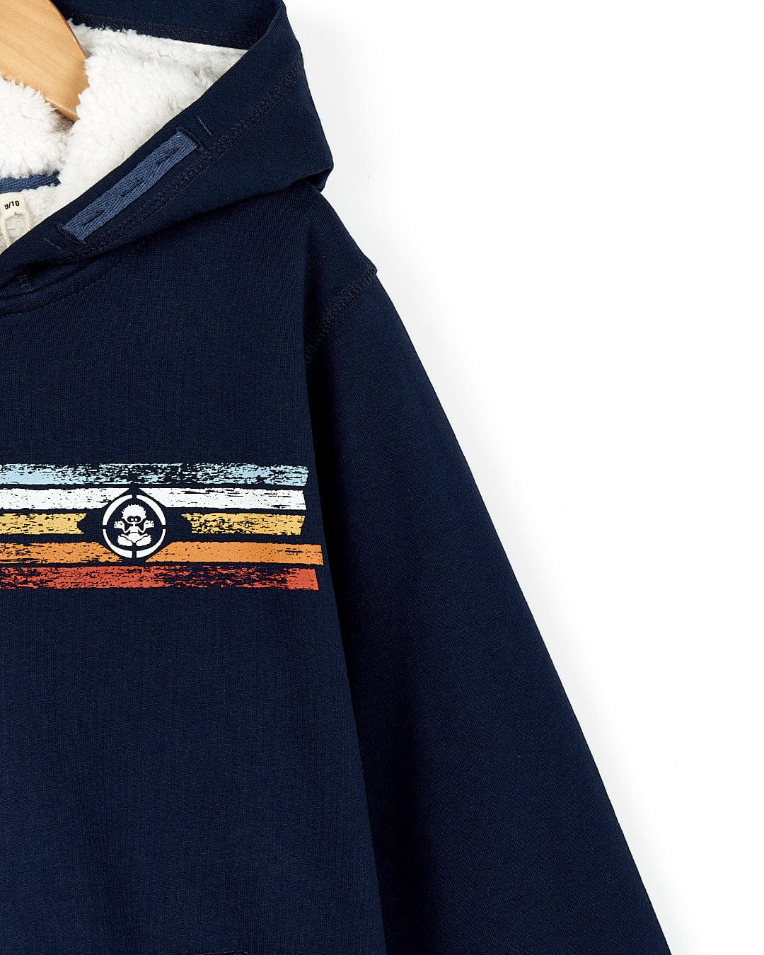 A Saltrock Tok Stripe - Kids Borg Lined Zip Hoodie - Blue with a colorful stripe on it.