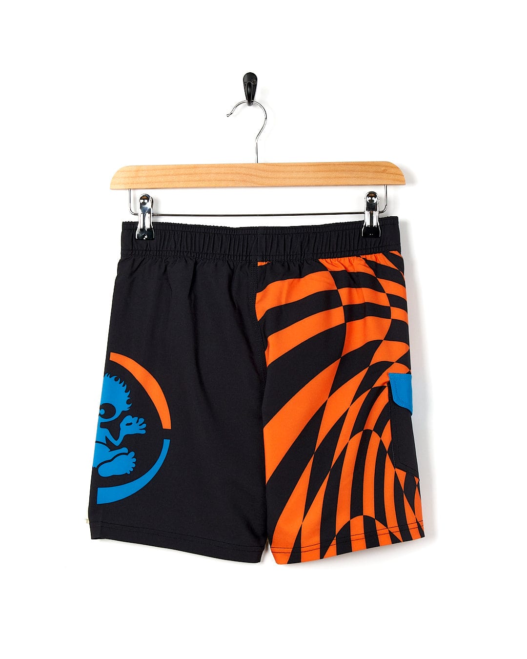 A Saltrock black and orange swim short with an orange and blue design - the Warped - Kids Boardshort - Black.