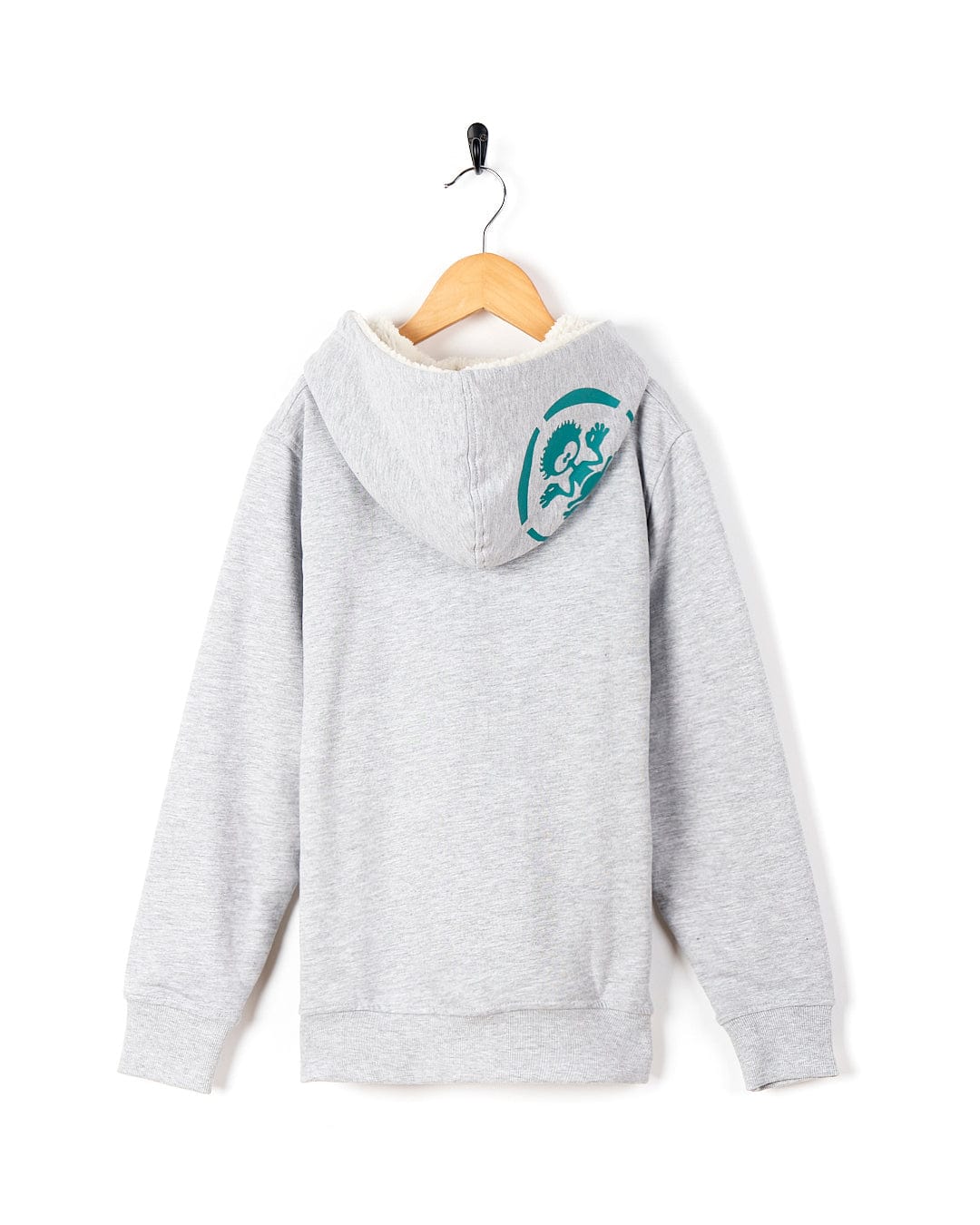 A Watergate - Kids Lined Hoodie - Grey with a green logo on it. (Brand Name: Saltrock)