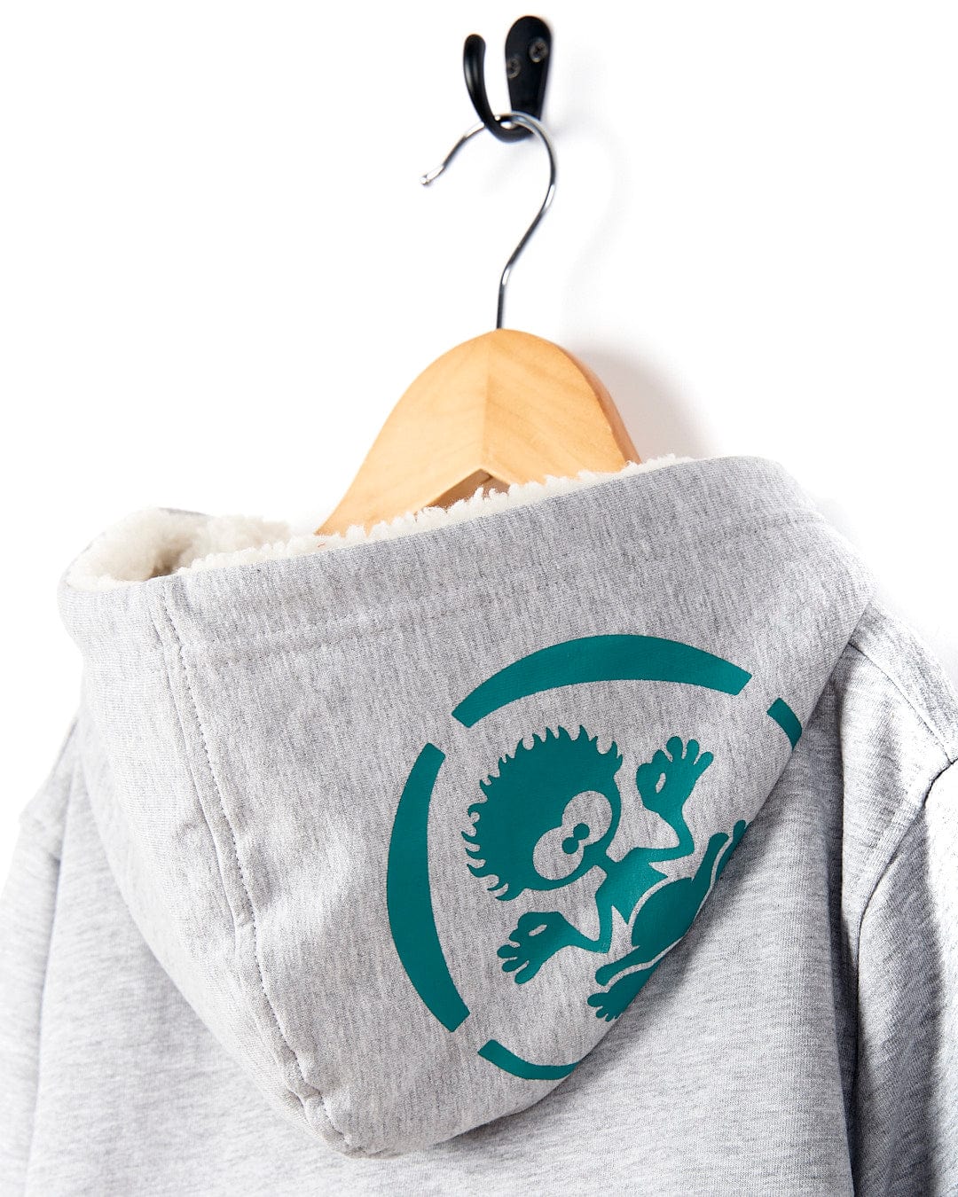 A Watergate - Kids Lined Hoodie - Grey with a green and blue Saltrock logo on it.