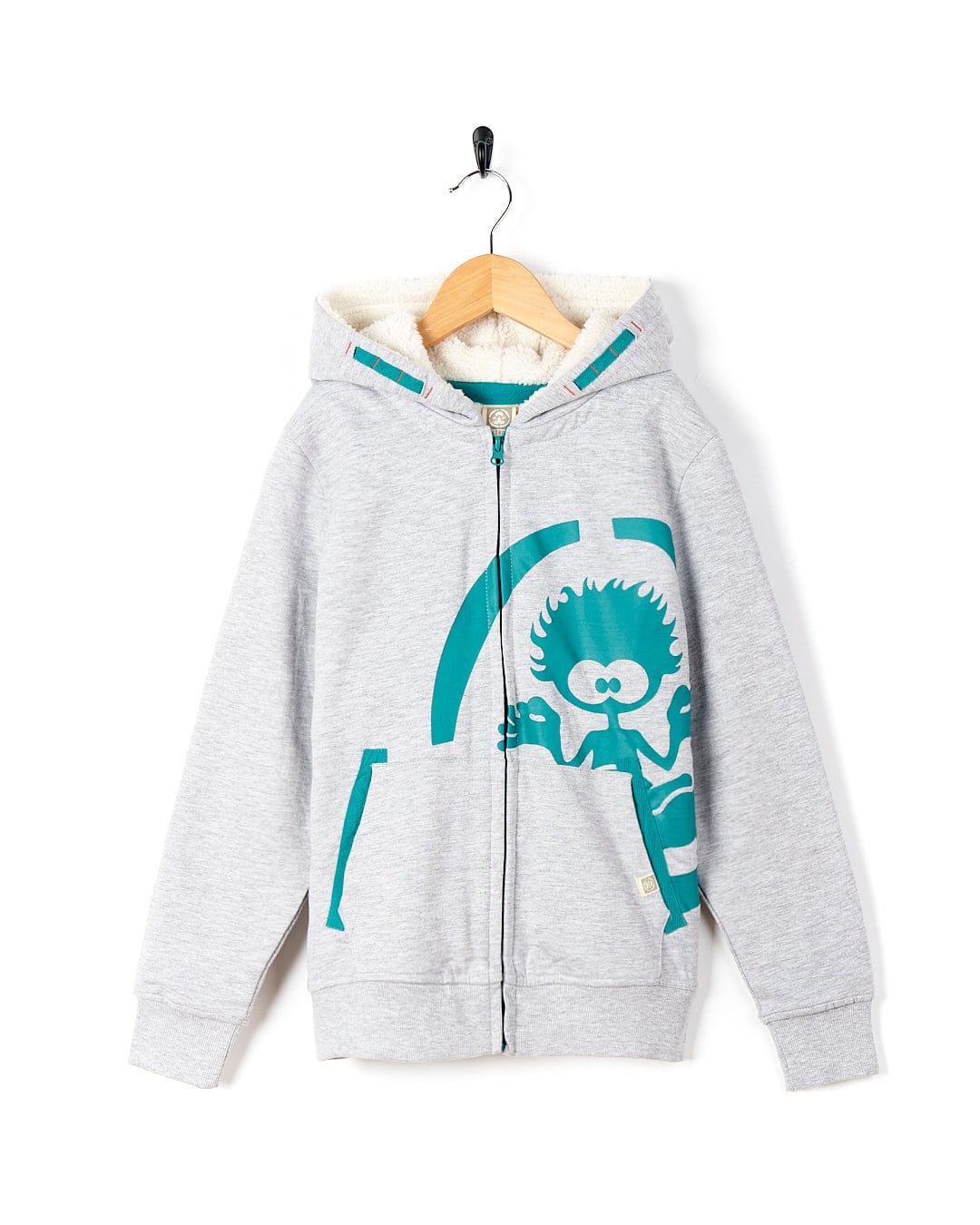 A Saltrock Watergate - Kids Lined Hoodie - Grey with a green and blue hoodie.